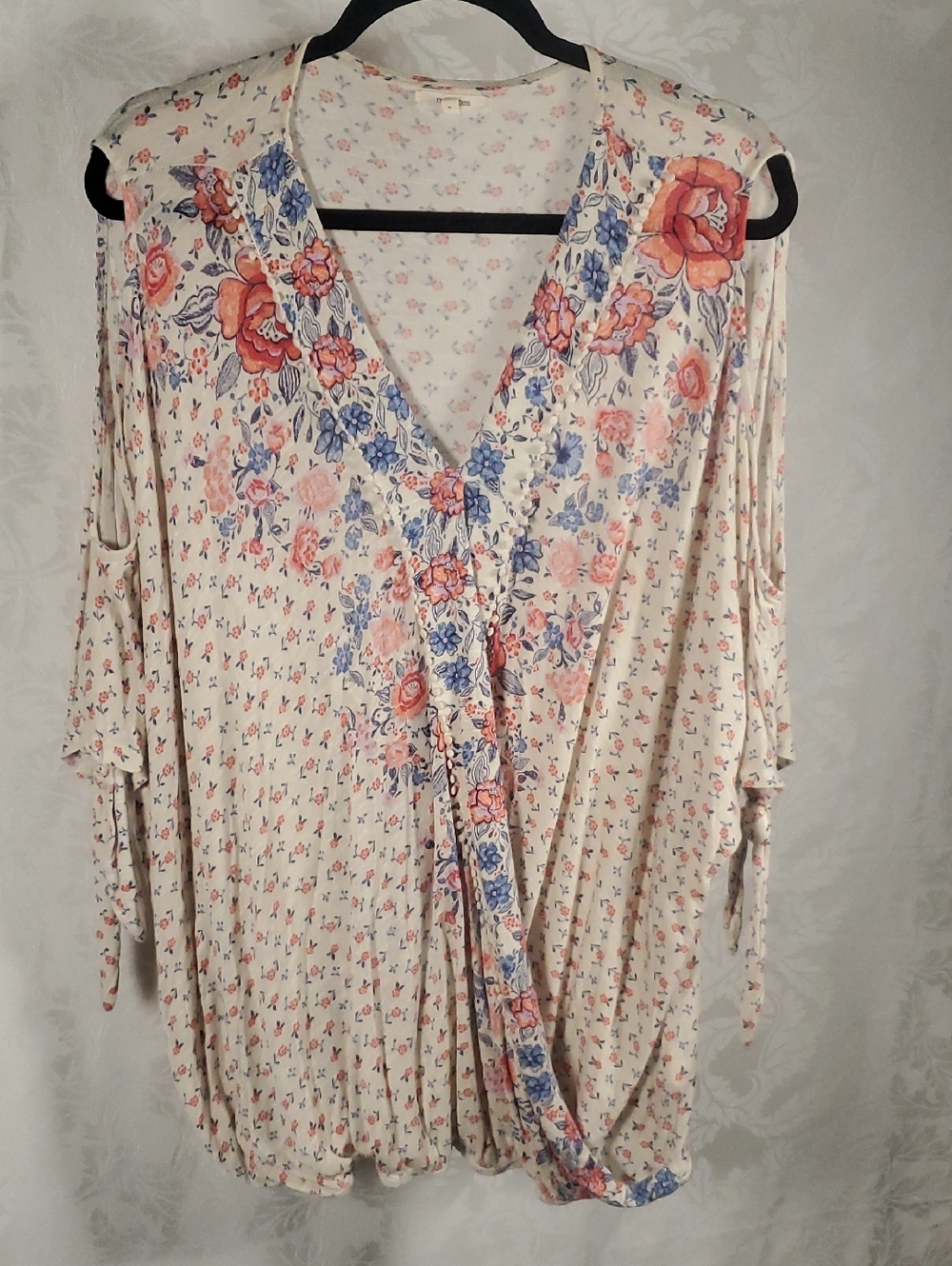 Maurices Cream Floral Wrap Blouse with Pink & Blue Flowers